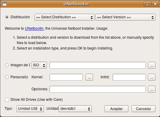 Execución do programa UNetbootin