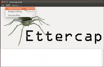 Iniciámolo (NOTA: Se o programa non inicia dende o menú de Ubuntu na versión 16.04, podemos inicialo executando o comando sudo ettercap -C en modo texto), vainos pedir o contrasinal do usuario que instalou o ordenador. No menú Sniff-> Unified sniffing...