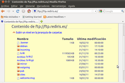 Captura de pantalla de Mozilla Firefox mosrando o directorio de entrada ao servidor FTP de RedIRIS.